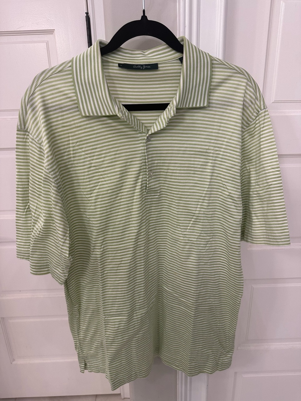 VTG BOBBY JONES COLLECTION Men’s M Golf Polo Shirt Green White Striped Cotton
